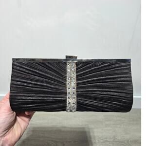 Elegant Satin Pleated Black Evening Clutch or Purse with Rhinestone Bar Closure